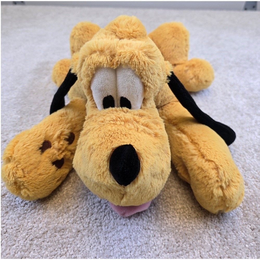 Disney Store Pluto Plush 16" Laying Floppy Dog Green Collar Stuffed Animal